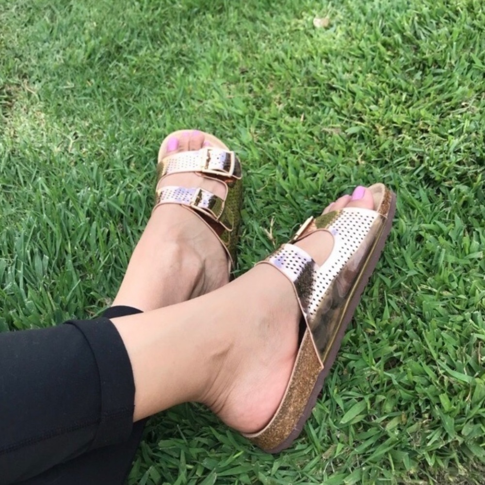 Rose Gold Doubled Strap Footbed Slides Sandals✨